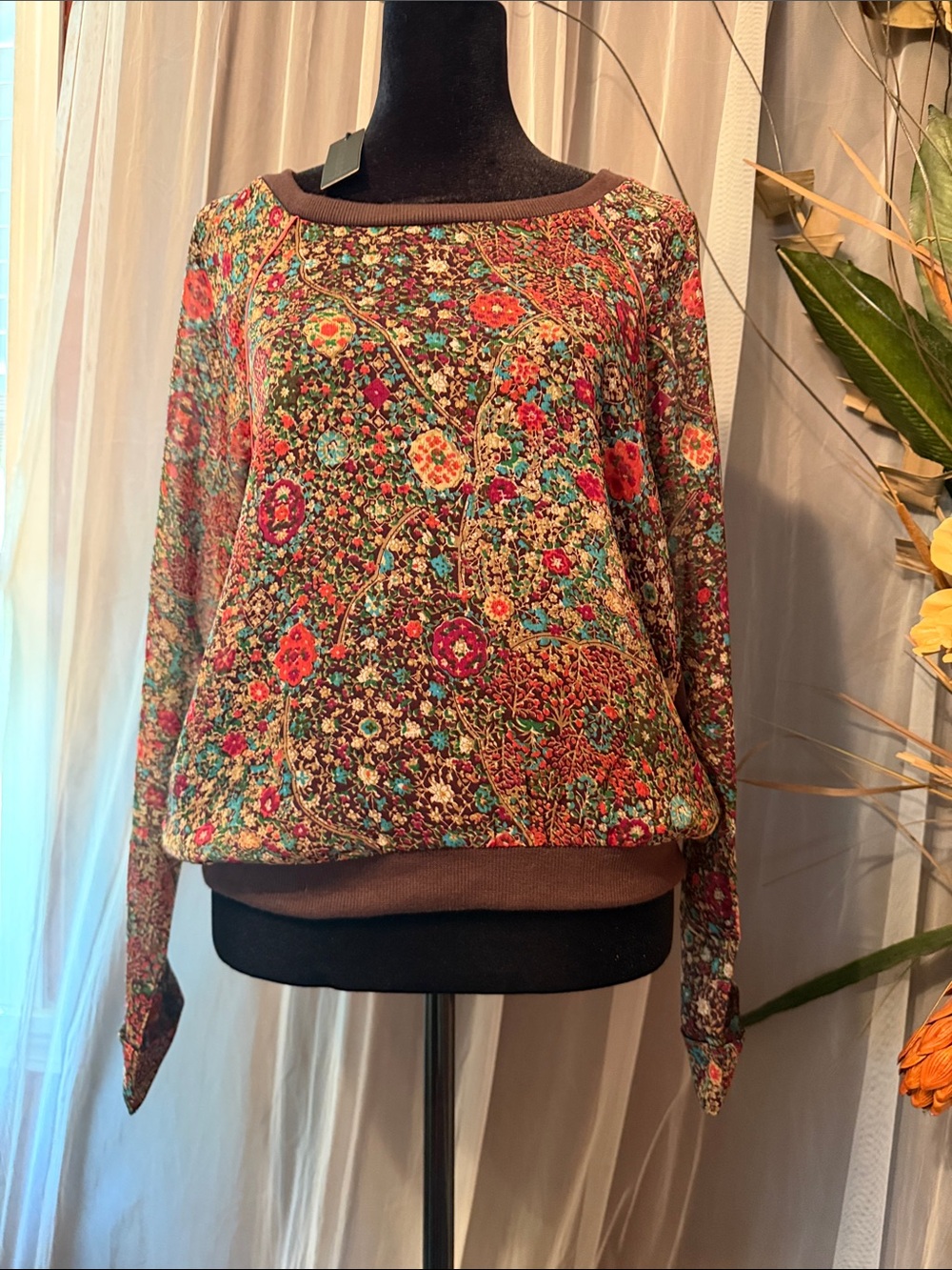 Lucca Couture Floral Multicolor Long Sleeve Blouse - Brown Trim